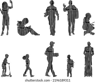 Vector silhouettes, Outline silhouettes of people, Contour drawing, people silhouette, Icon Set Isolated, Silhouette of sitting people, Architectural set	
