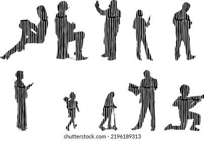 Siluetas vectoriales, Siluetas de contorno de personas, Dibujo de contorno, silueta de personas, Conjunto de iconos aislados, Silueta de personas sentadas, Conjunto arquitectónico	
