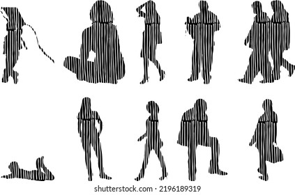 Vektor-Silhouetten, Silhouetten-Linien, Konturzeichnungen, Silhouette-Leute, Symbolsatz isoliert, Silhouette sitzender Menschen, Architekturset	
