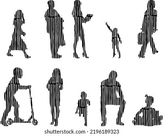 Vector silhouettes, Outline silhouettes of people, Contour drawing, people silhouette, Icon Set Isolated, Silhouette of sitting people, Architectural set	
