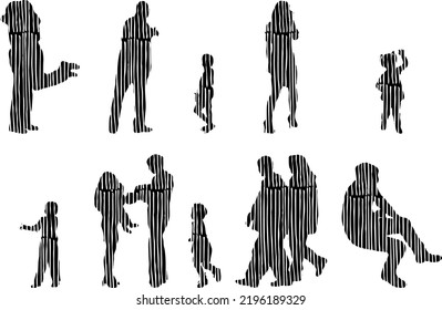Vector silhouettes, Outline silhouettes of people, Contour drawing, people silhouette, Icon Set Isolated, Silhouette of sitting people, Architectural set	
