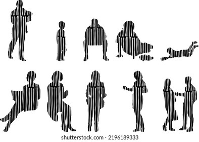 Vector silhouettes, Outline silhouettes of people, Contour drawing, people silhouette, Icon Set Isolated, Silhouette of sitting people, Architectural set	

