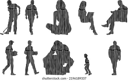 Vector silhouettes, Outline silhouettes of people, Contour drawing, people silhouette, Icon Set Isolated, Silhouette of sitting people, Architectural set	
