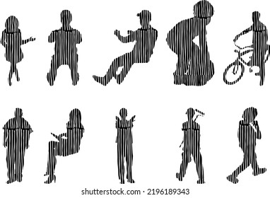 Vector silhouettes, Outline silhouettes of people, Contour drawing, people silhouette, Icon Set Isolated, Silhouette of sitting people, Architectural set	
