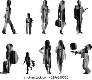 Siluetas vectoriales, Siluetas de contorno de personas, Dibujo de contorno, silueta de personas, Conjunto de iconos aislados, Silueta de personas sentadas, Conjunto arquitectónico	
