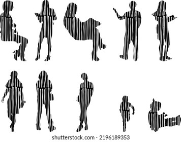 Vector silhouettes, Outline silhouettes of people, Contour drawing, people silhouette, Icon Set Isolated, Silhouette of sitting people, Architectural set	
