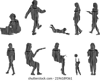 Vector silhouettes, Outline silhouettes of people, Contour drawing, people silhouette, Icon Set Isolated, Silhouette of sitting people, Architectural set	
