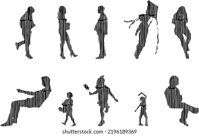 Siluetas vectoriales, Siluetas de contorno de personas, Dibujo de contorno, silueta de personas, Conjunto de iconos aislados, Silueta de personas sentadas, Conjunto arquitectónico	
