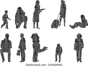 Vector silhouettes, Outline silhouettes of people, Contour drawing, people silhouette, Icon Set Isolated, Silhouette of sitting people, Architectural set	
