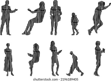 Siluetas vectoriales, Siluetas de contorno de personas, Dibujo de contorno, silueta de personas, Conjunto de iconos aislados, Silueta de personas sentadas, Conjunto arquitectónico	
