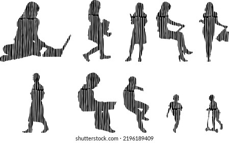 Vector silhouettes, Outline silhouettes of people, Contour drawing, people silhouette, Icon Set Isolated, Silhouette of sitting people, Architectural set	
