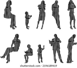 Vector silhouettes, Outline silhouettes of people, Contour drawing, people silhouette, Icon Set Isolated, Silhouette of sitting people, Architectural set	
