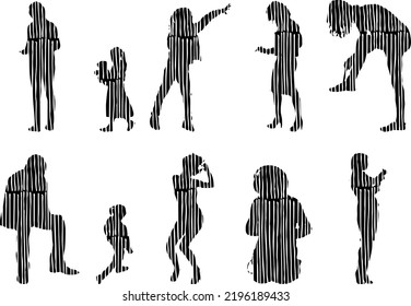 Vector silhouettes, Outline silhouettes of people, Contour drawing, people silhouette, Icon Set Isolated, Silhouette of sitting people, Architectural set	
