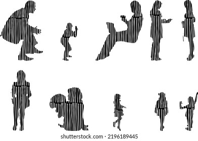 Vector silhouettes, Outline silhouettes of people, Contour drawing, people silhouette, Icon Set Isolated, Silhouette of sitting people, Architectural set	
