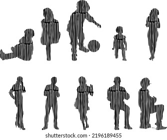 Siluetas vectoriales, Siluetas de contorno de personas, Dibujo de contorno, silueta de personas, Conjunto de iconos aislados, Silueta de personas sentadas, Conjunto arquitectónico	
