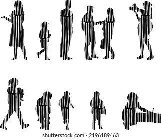 Vector silhouettes, Outline silhouettes of people, Contour drawing, people silhouette, Icon Set Isolated, Silhouette of sitting people, Architectural set	
