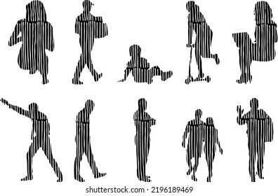 Vektor-Silhouetten, Silhouetten-Linien, Konturzeichnungen, Silhouette-Leute, Symbolsatz isoliert, Silhouette sitzender Menschen, Architekturset	
