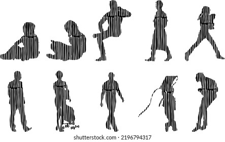 Vector silhouettes, Outline silhouettes of people, Contour drawing, people silhouette, Icon Set Isolated, Silhouette of sitting people, Architectural set	
