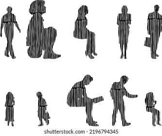Vector silhouettes, Outline silhouettes of people, Contour drawing, people silhouette, Icon Set Isolated, Silhouette of sitting people, Architectural set	
