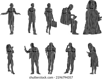 Vector silhouettes, Outline silhouettes of people, Contour drawing, people silhouette, Icon Set Isolated, Silhouette of sitting people, Architectural set	
