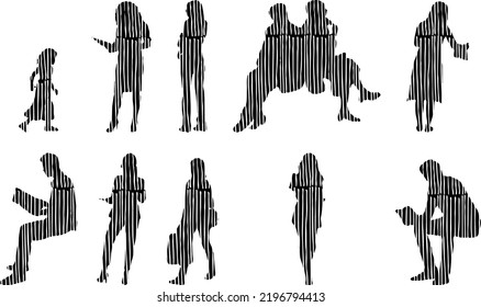 Vector silhouettes, Outline silhouettes of people, Contour drawing, people silhouette, Icon Set Isolated, Silhouette of sitting people, Architectural set	
