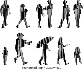 Vector silhouettes, Outline silhouettes of people, Contour drawing, people silhouette, Icon Set Isolated, Silhouette of sitting people, Architectural set	

