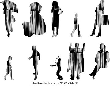 Vector silhouettes, Outline silhouettes of people, Contour drawing, people silhouette, Icon Set Isolated, Silhouette of sitting people, Architectural set	
