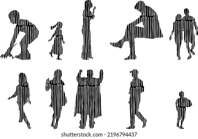 Vector silhouettes, Outline silhouettes of people, Contour drawing, people silhouette, Icon Set Isolated, Silhouette of sitting people, Architectural set	
