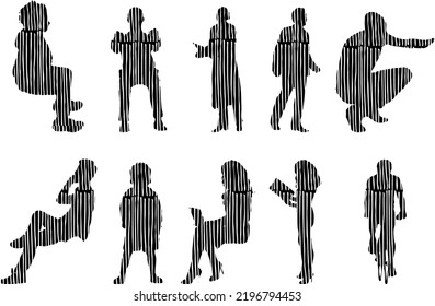 Vector silhouettes, Outline silhouettes of people, Contour drawing, people silhouette, Icon Set Isolated, Silhouette of sitting people, Architectural set	
