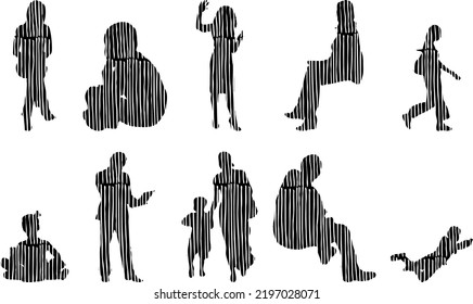 Vector silhouettes, Outline silhouettes of people, Contour drawing, people silhouette, Icon Set Isolated, Silhouette of sitting people, Architectural set	
