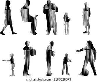 Vector silhouettes, Outline silhouettes of people, Contour drawing, people silhouette, Icon Set Isolated, Silhouette of sitting people, Architectural set	
