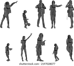 Vector silhouettes, Outline silhouettes of people, Contour drawing, people silhouette, Icon Set Isolated, Silhouette of sitting people, Architectural set	

