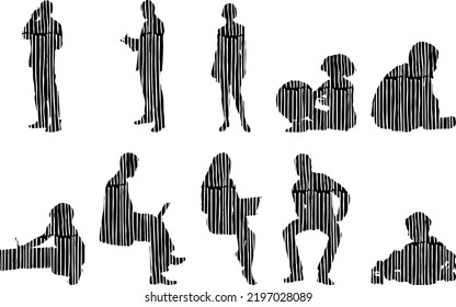 Vector silhouettes, Outline silhouettes of people, Contour drawing, people silhouette, Icon Set Isolated, Silhouette of sitting people, Architectural set	
