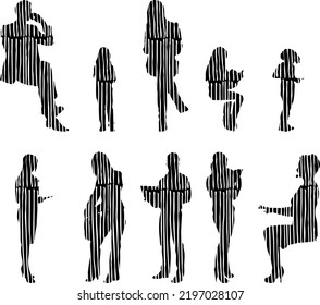 Vector silhouettes, Outline silhouettes of people, Contour drawing, people silhouette, Icon Set Isolated, Silhouette of sitting people, Architectural set	
