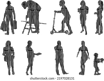 Vector silhouettes, Outline silhouettes of people, Contour drawing, people silhouette, Icon Set Isolated, Silhouette of sitting people, Architectural set	
