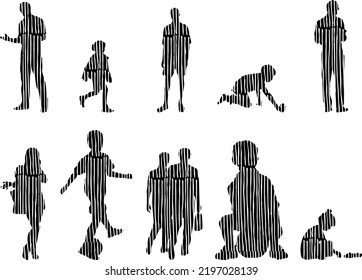 Vector silhouettes, Outline silhouettes of people, Contour drawing, people silhouette, Icon Set Isolated, Silhouette of sitting people, Architectural set	
