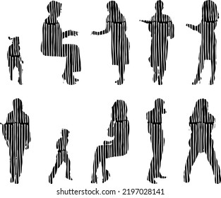 Vector silhouettes, Outline silhouettes of people, Contour drawing, people silhouette, Icon Set Isolated, Silhouette of sitting people, Architectural set	
