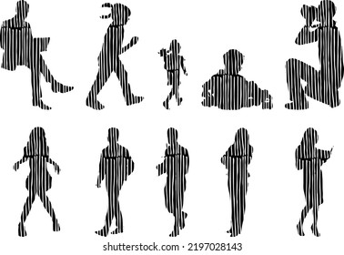 Vector silhouettes, Outline silhouettes of people, Contour drawing, people silhouette, Icon Set Isolated, Silhouette of sitting people, Architectural set	
