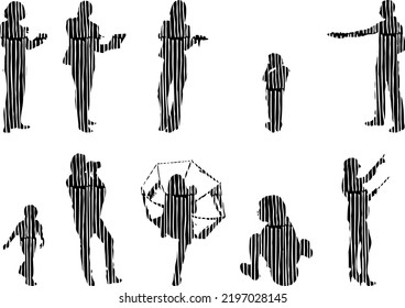 Vector silhouettes, Outline silhouettes of people, Contour drawing, people silhouette, Icon Set Isolated, Silhouette of sitting people, Architectural set	

