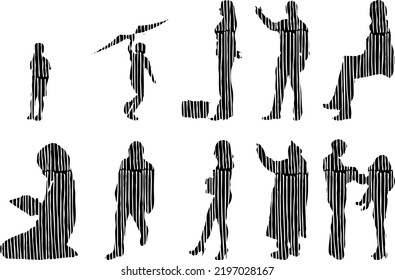 Vector silhouettes, Outline silhouettes of people, Contour drawing, people silhouette, Icon Set Isolated, Silhouette of sitting people, Architectural set	
