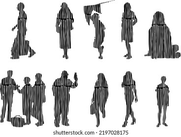 Vector silhouettes, Outline silhouettes of people, Contour drawing, people silhouette, Icon Set Isolated, Silhouette of sitting people, Architectural set	
