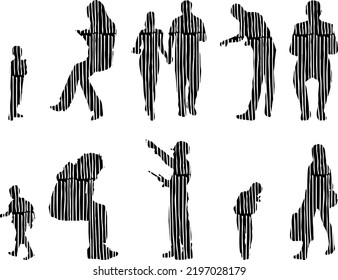 Vector silhouettes, Outline silhouettes of people, Contour drawing, people silhouette, Icon Set Isolated, Silhouette of sitting people, Architectural set	
