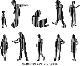 Vector silhouettes, Outline silhouettes of people, Contour drawing, people silhouette, Icon Set Isolated, Silhouette of sitting people, Architectural set	
