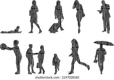 Vector silhouettes, Outline silhouettes of people, Contour drawing, people silhouette, Icon Set Isolated, Silhouette of sitting people, Architectural set	
