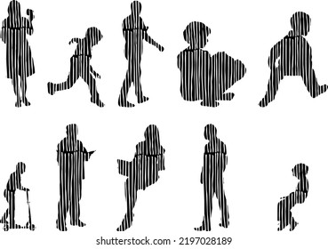 Vector silhouettes, Outline silhouettes of people, Contour drawing, people silhouette, Icon Set Isolated, Silhouette of sitting people, Architectural set	
