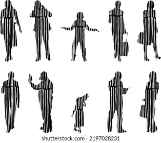 Vector silhouettes, Outline silhouettes of people, Contour drawing, people silhouette, Icon Set Isolated, Silhouette of sitting people, Architectural set	
