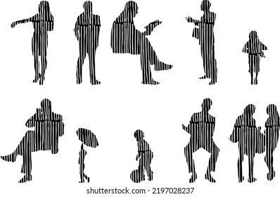 Vector silhouettes, Outline silhouettes of people, Contour drawing, people silhouette, Icon Set Isolated, Silhouette of sitting people, Architectural set	
