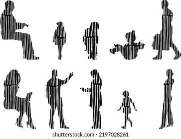 Vector silhouettes, Outline silhouettes of people, Contour drawing, people silhouette, Icon Set Isolated, Silhouette of sitting people, Architectural set	
