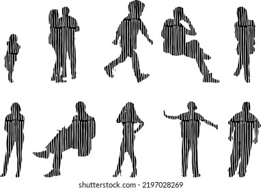 Vector silhouettes, Outline silhouettes of people, Contour drawing, people silhouette, Icon Set Isolated, Silhouette of sitting people, Architectural set	
