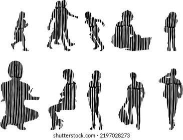 Vector silhouettes, Outline silhouettes of people, Contour drawing, people silhouette, Icon Set Isolated, Silhouette of sitting people, Architectural set	
